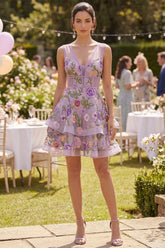 Dressystars Lilac Floral V-Neck A-Line Corset Short Homecoming Dress with Ruffles