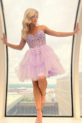 Dressystars Lilac Homecoming Dress Corset A Line Tiered Short Prom Dress with Lace
