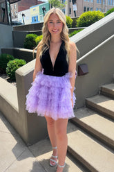 Dressystars Lilac Homecoming Dress V-Neck A-Line Halter Tiered Short Prom Dress With Bow