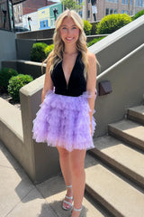 Dressystars Lilac Homecoming Dress V-Neck A-Line Halter Tiered Short Prom Dress With Bow