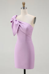 Dressystars Lilac Satin One Shoulder Ruched Short Tight Homecoming Dress with Bow