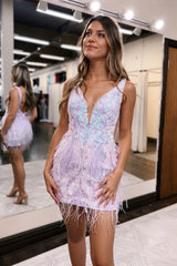 Dressystars Lilac Sequin Homecoming Dress Bodycon Short Cocktail Dress with Feathers