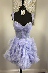 Dressystars Lilac Tulle Ruffled Homecoming Dresses Appliqued Short Corset Cocktail Dresses
