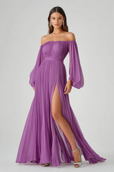 Dressystars Long Chiffon Purple Wedding Guest Dress A Line Long Sleeves Formal Dress With Slit