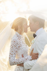 Dressystars Long Sleeve Beach Wedding Dress Lace High Neck Mermaid Bridal Gown