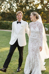 Dressystars Long Sleeve Beach Wedding Dress Lace High Neck Mermaid Bridal Gown