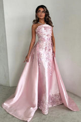 Dressystars Luxurious A-Line Strapless Satin Pink Party Dress With Court Train Appliques Formal Evening Gown