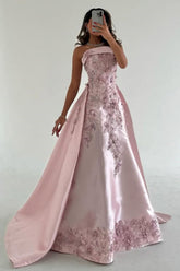 Dressystars Luxurious A-Line Strapless Satin Pink Party Dress With Court Train Appliques Formal Evening Gown