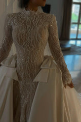 Dressystars Luxury Long Sleeve Wedding Dress Beaded Mermaid High Neck Bridal Gown with Detachable Train