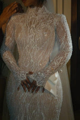 Dressystars Luxury Long Sleeve Wedding Dress Beaded Mermaid High Neck Bridal Gown with Detachable Train