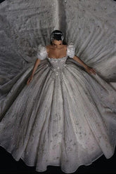 Dressystars Luxury Short Sleeve Wedding Dress Ball Gown Square Neck Bridal Gown with Beadings and Rhinestones