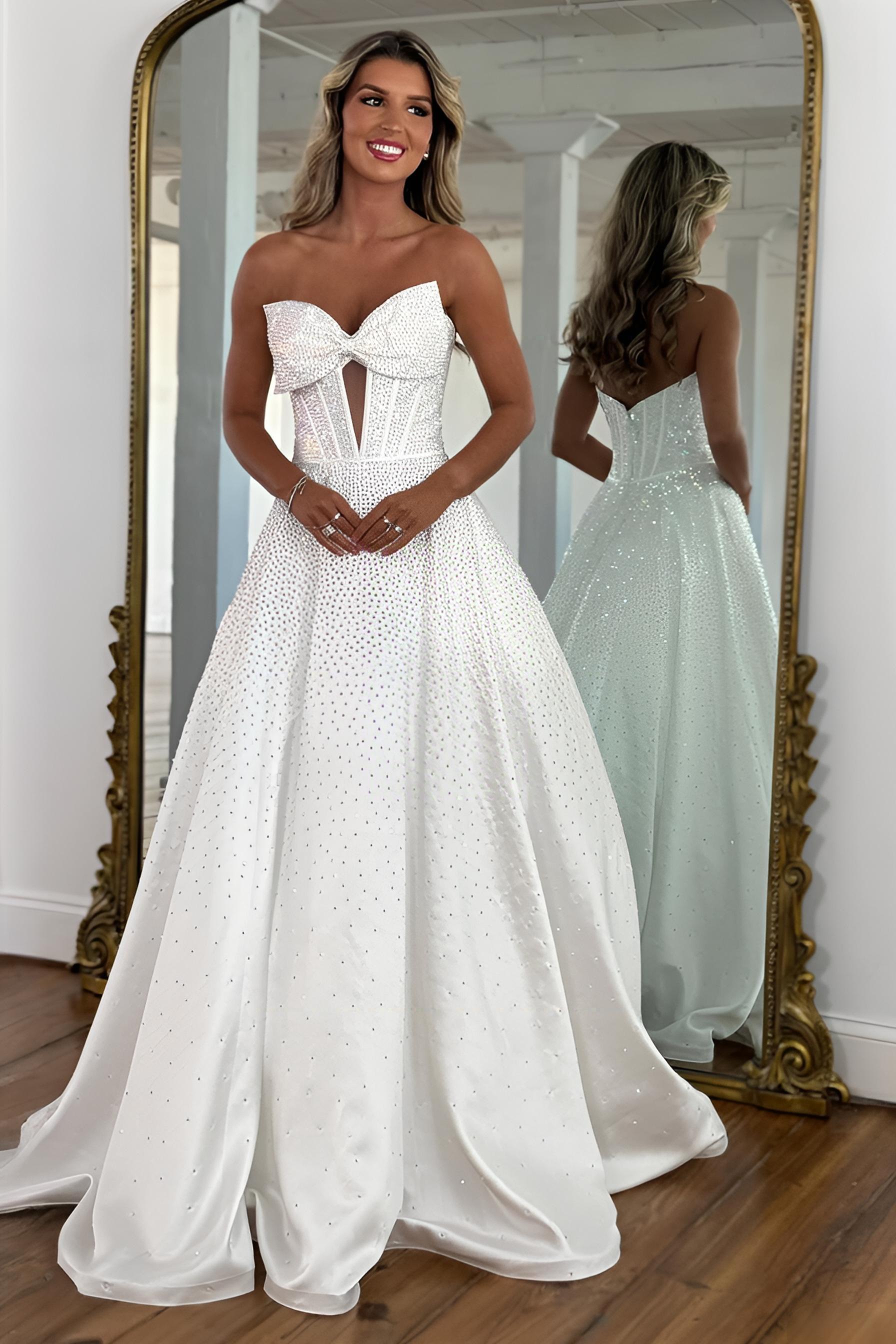 Dressystars Luxury White Beaded Prom Dress With Structured Corset Bodice And Bow Front Formal Evening Gown