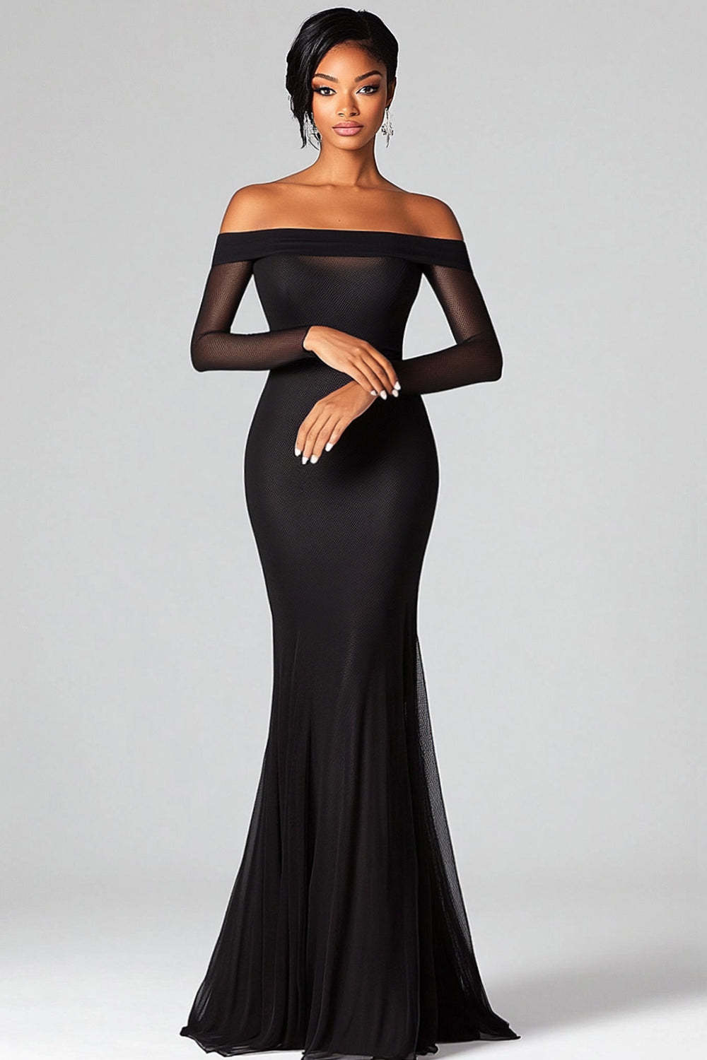 Dressystars Mermaid Black Wedding Guest Dress Off The Shoulder Formal Dress With Mesh Long Sleeves
