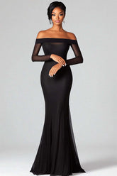 Dressystars Mermaid Black Wedding Guest Dress Off The Shoulder Formal Dress With Mesh Long Sleeves