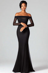 Dressystars Mermaid Black Wedding Guest Dress Off The Shoulder Formal Dress With Mesh Long Sleeves
