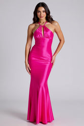 Dressystars Mermaid Halter Fuchsia Wedding Guest Dress Satin Long Formal Dress
