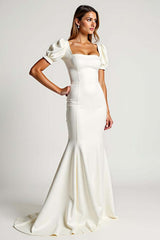 Dressystars Mermaid Ivory Square Neck Crepe Long Formal Dress With Puff Sleeves