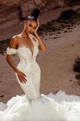 Dressystars Mermaid Lace Off The Shoulder Sleeveless White Wedding Dress Bridal Gown With Beading