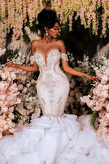 Dressystars Mermaid Lace Off The Shoulder Sleeveless White Wedding Dress Bridal Gown With Beading