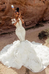 Dressystars Mermaid Lace Off The Shoulder Sleeveless White Wedding Dress Bridal Gown With Beading