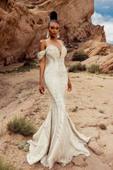 Dressystars Mermaid Lace Off The Shoulder Sleeveless White Wedding Dress Bridal Gown With Beading
