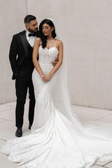Dressystars Mermaid Lace Spaghetti Straps Sleeveless White Wedding Dress Bridal Gown With Appliques