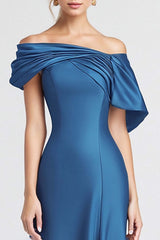 Dressystars Mermaid Long Blue Wedding Guest Dress Off The Shoulder Sheath Satin Formal Dress