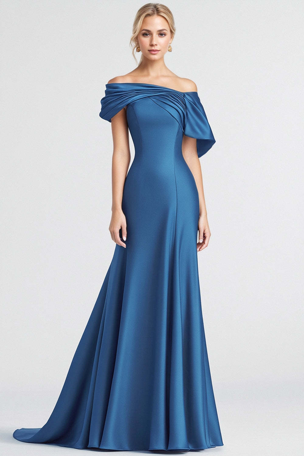 Dressystars Mermaid Long Blue Wedding Guest Dress Off The Shoulder Sheath Satin Formal Dress