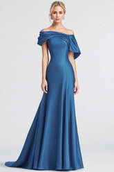 Dressystars Mermaid Long Blue Wedding Guest Dress Off The Shoulder Sheath Satin Formal Dress