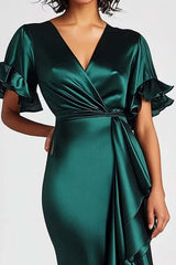 Dressystars Mermaid Long Dark Green Wedding Guest Dress Satin Formal Dress With Short Sleeves