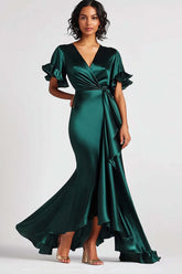 Dressystars Mermaid Long Dark Green Wedding Guest Dress Satin Formal Dress With Short Sleeves