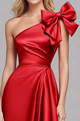 Dressystars Mermaid Long Red Wedding Guest Dress One Shoulder Satin Formal Dress With Bow