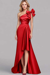 Dressystars Mermaid Long Red Wedding Guest Dress One Shoulder Satin Formal Dress With Bow
