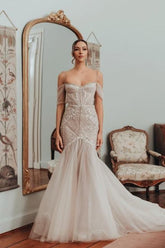 Dressystars Mermaid Off The Shoulder Spaghetti Strap Sleeveless Lace Tulle Bridal Gown With Appliques