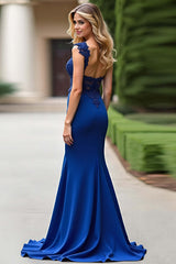 Dressystars Mermaid Royal Blue Wedding Guest Dress V-Neck Long Formal Dress With Appliques
