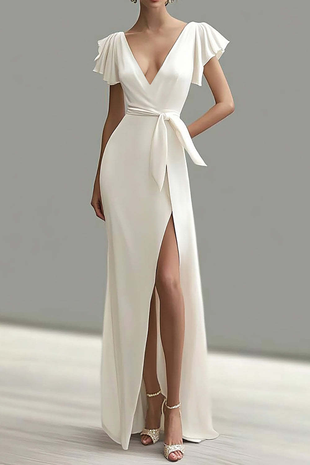 Dressystars Mermaid Satin White Deep V Neck Long Formal Dress With Slit