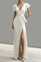 Dressystars Mermaid Satin White Deep V Neck Long Formal Dress With Slit