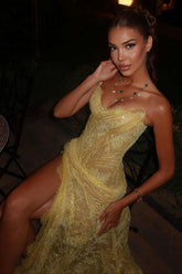 Luxurious Mermaid Sweetheart Yellow Lace Party Dress With Split Front Formal Evening Gown