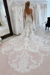 Dressystars Mermaid Tulle Lace Spaghetti Straps Sleeveless White Wedding Dress Bridal Gown With Appliques Train