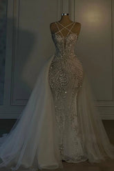 Dressystars Mermaid V Neck Spaghetti Strap Heavy Bridal Gown With Beadings