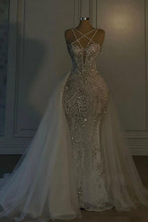 Dressystars Mermaid V Neck Spaghetti Strap Heavy Bridal Gown With Beadings
