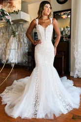 Dressystars Mermaid Wedding Dress Off The Shoulder Lace Sleeveless Bridal Gown With Train