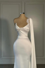 Dressystars Mermaid Wedding Dress Satin One Shoulder White Beaded Bridal Gown With Watteau Train