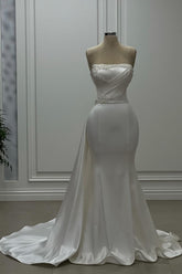 Dressystars Mermaid Wedding Dress Satin Strapless Sleeveless Ivory Bridal Gown With Beading
