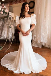 Dressystars Mermaid Wedding Dress Square Neck Satin Backless Bridal Gown With Short Sleeves