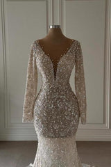 Dressystars Mermaid Wedding Dress V Neck Lace Sleeves Bridal Gown With Pearls