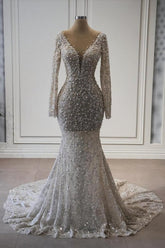 Dressystars Mermaid Wedding Dress V Neck Lace Sleeves Bridal Gown With Pearls