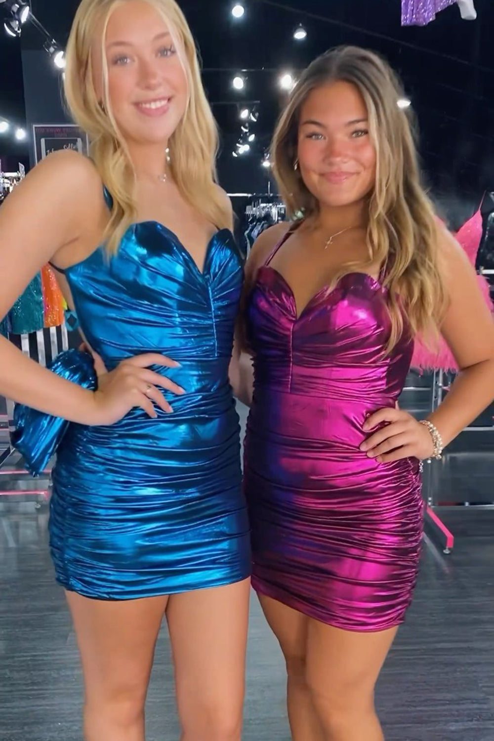 Dressystars Metallic Blue Homecoming Dress Spaghetti Straps Backless Tight Short Prom Dress