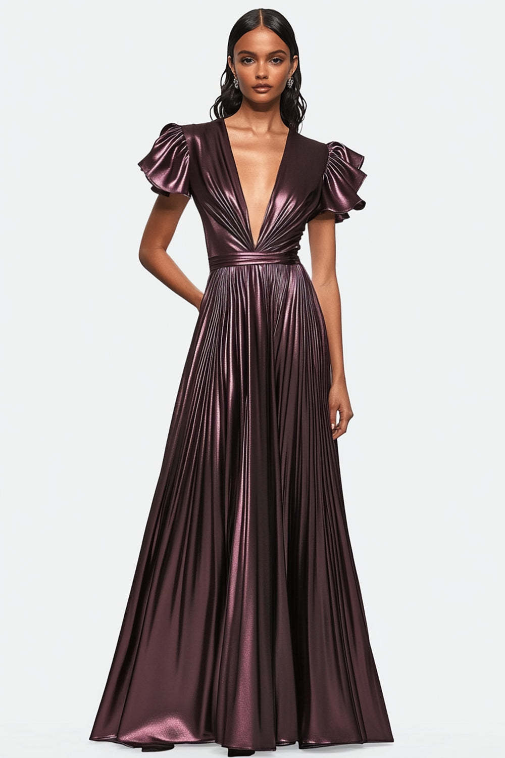 Dressystars Metallic Dusty Purple Wedding Guest Dress V-Neck Pleated Satin Formal Dress