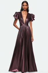 Dressystars Metallic Dusty Purple Wedding Guest Dress V-Neck Pleated Satin Formal Dress